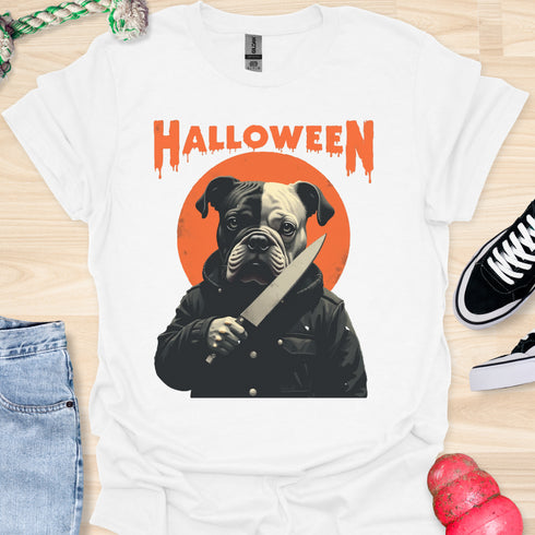 Halloween - V2 - Black and White Bulldog Face T-Shirt